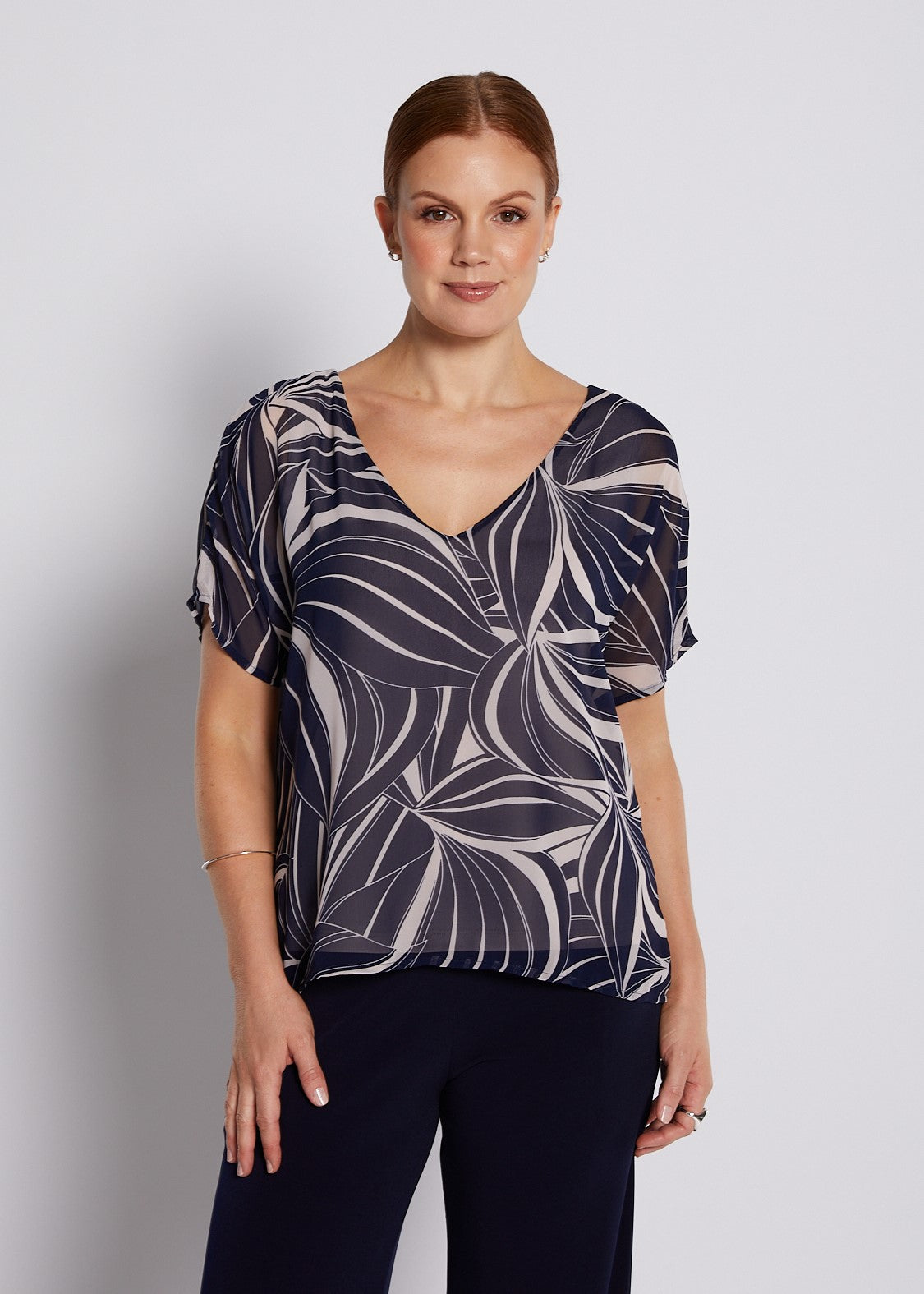 Chiffon and Jersey Lined Reversible Tee Top in Champagne and Navy Print
