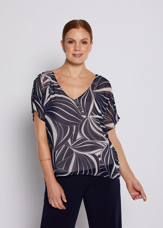 Chiffon and Jersey Lined Reversible Tee Top in Champagne and Navy Print
