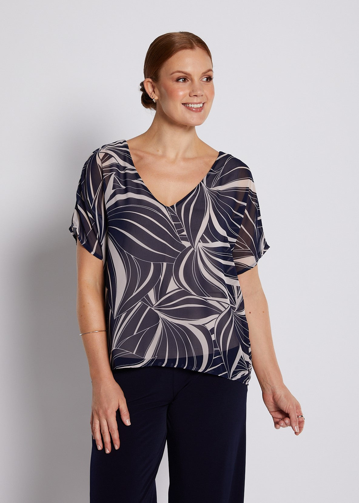 Chiffon and Jersey Lined Reversible Tee Top in Champagne and Navy Print
