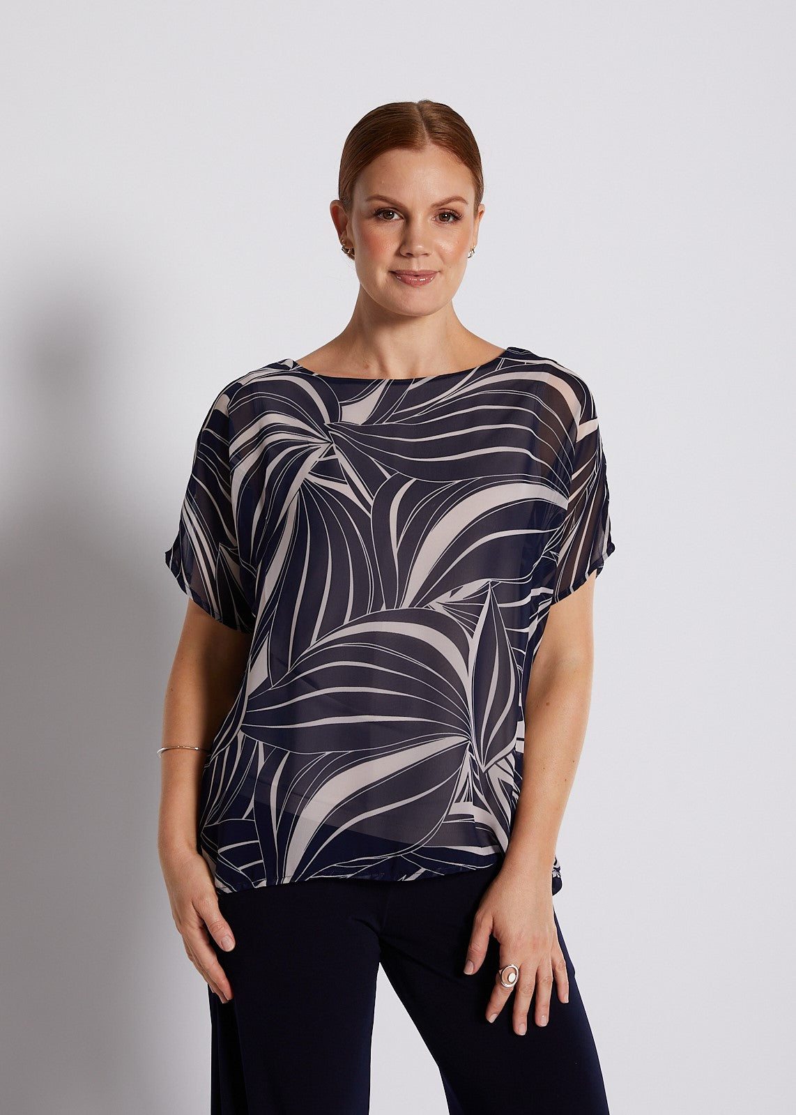 Chiffon and Jersey Lined Reversible Tee Top in Champagne and Navy Print