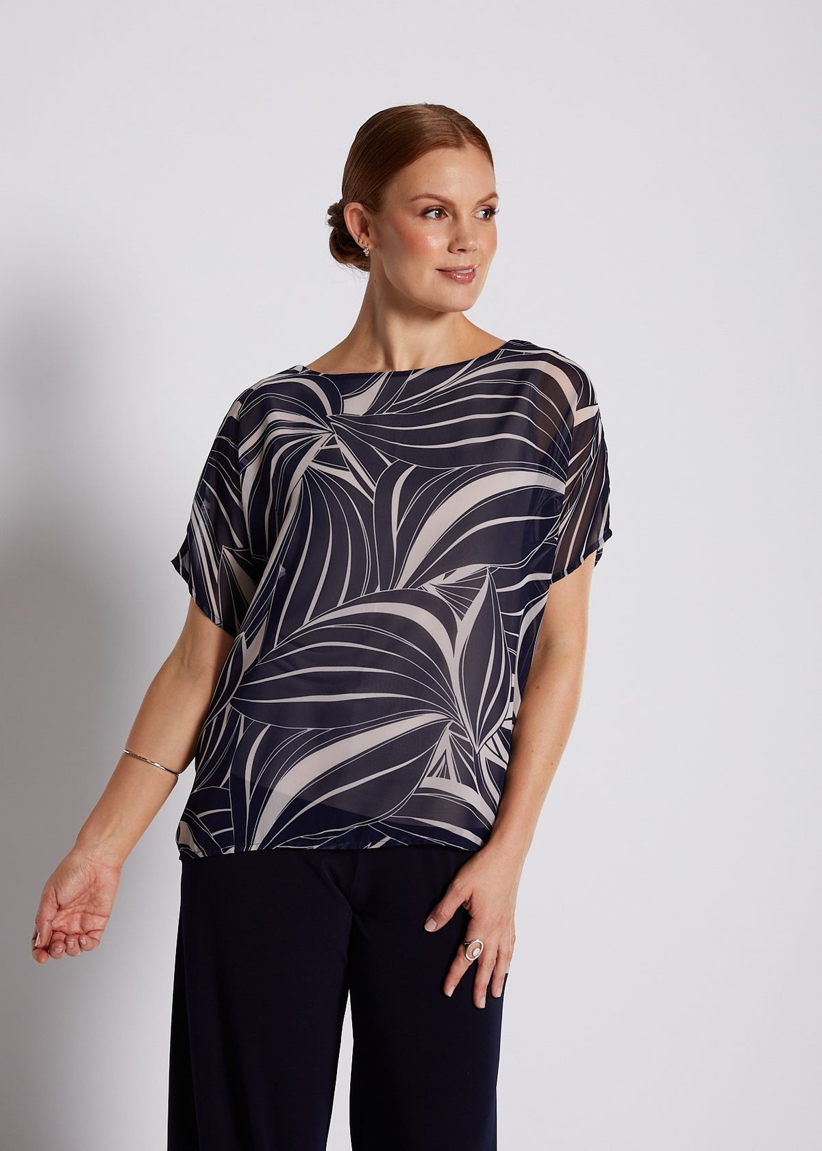 Chiffon and Jersey Lined Reversible Tee Top in Champagne and Navy Print