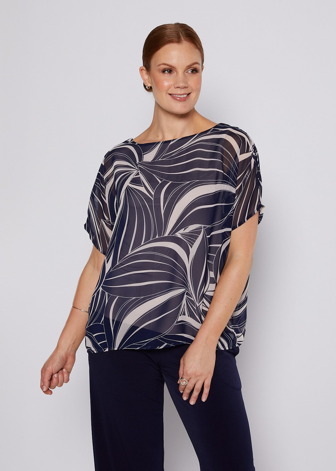 Chiffon and Jersey Lined Reversible Tee Top in Champagne and Navy Print