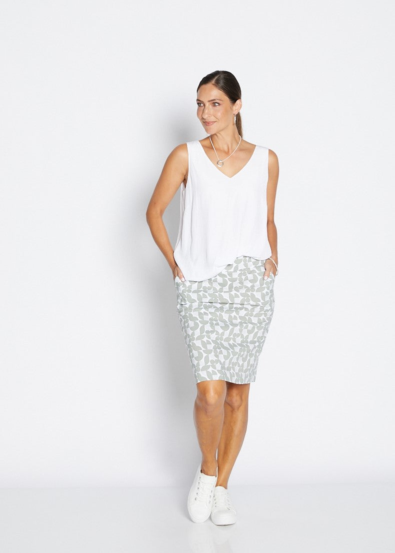 Philosophy Australia Marnie printed super stretch Bengaline skirt in Deco, sustainable slow fashion made in Australia