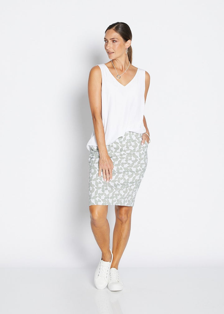 Philosophy Australia Marnie printed super stretch Bengaline skirt in Deco, sustainable slow fashion made in Australia