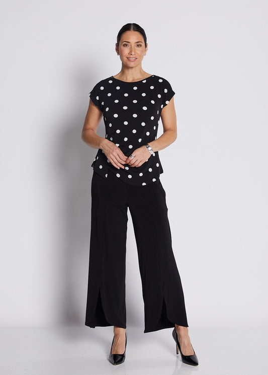 Jersey Tuck Detail Top in Black and White Polkadots