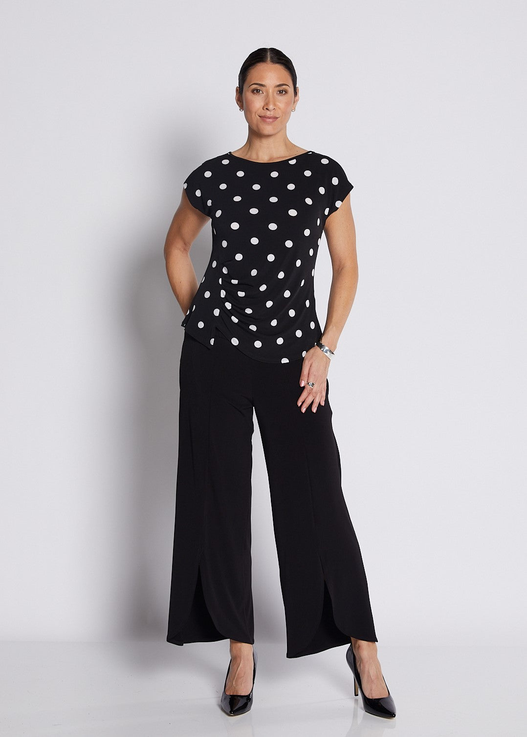 Jersey Tuck Detail Top in Black and White Polkadots