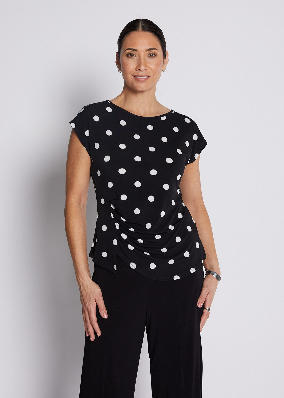 Jersey Tuck Detail Top in Black and White Polkadots