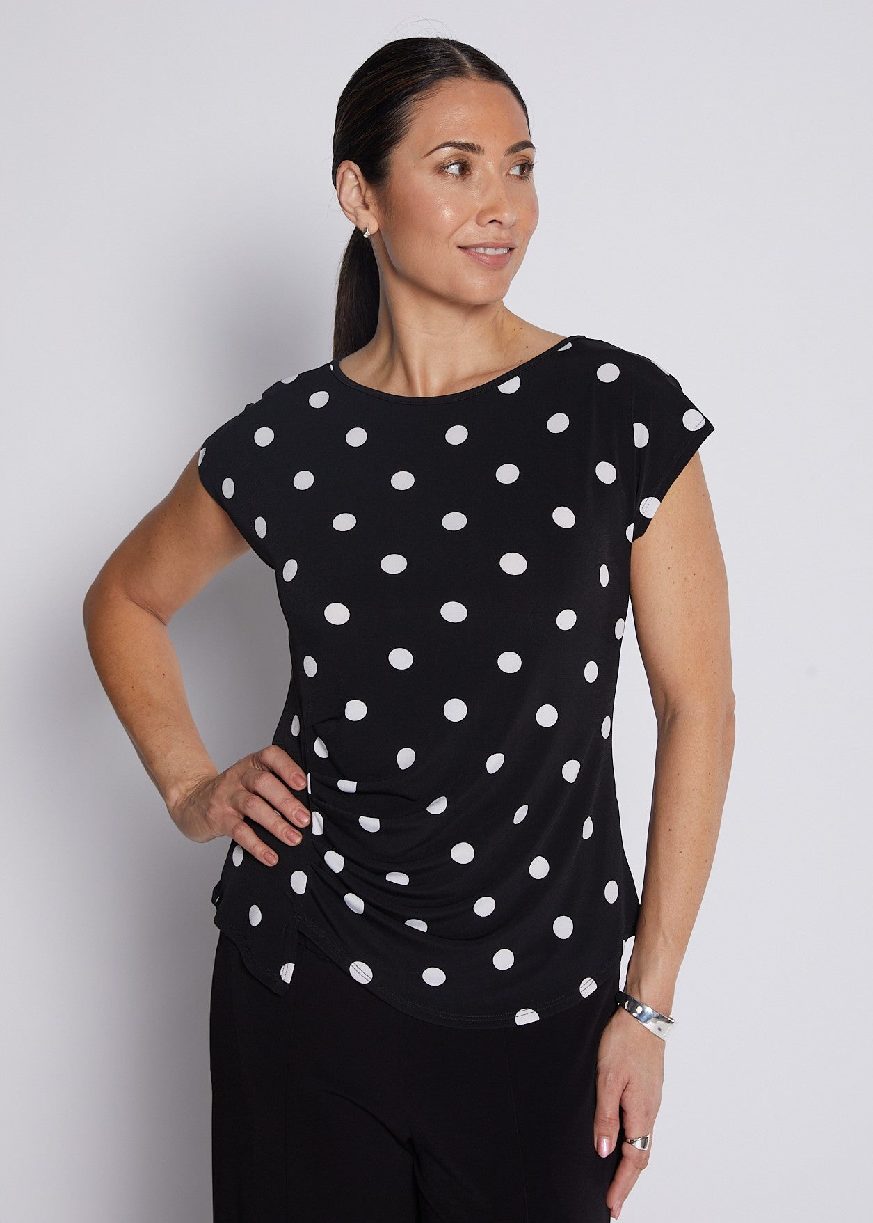 Jersey Tuck Detail Top in Black and White Polkadots