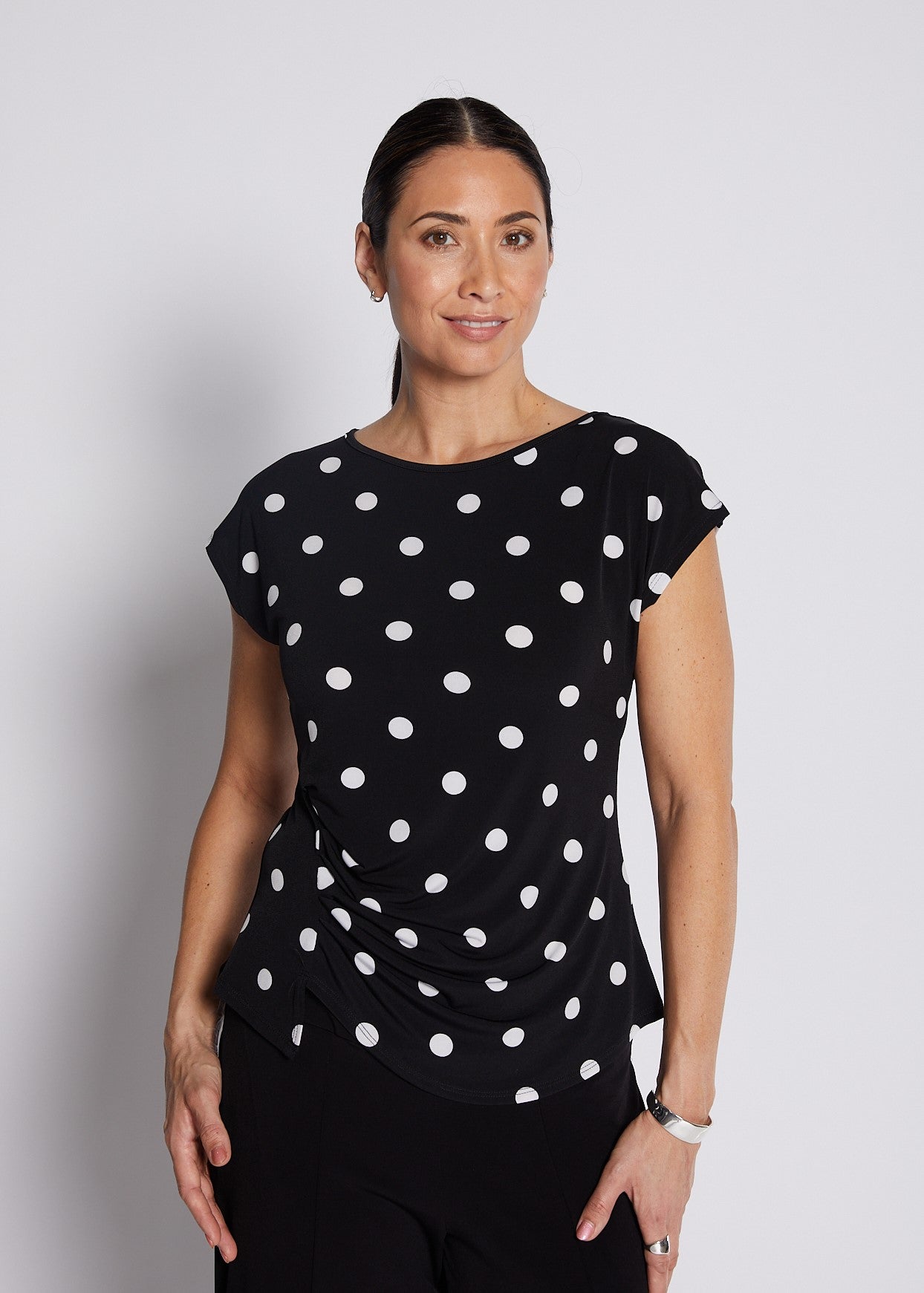 Jersey Tuck Detail Top in Black and White Polkadots