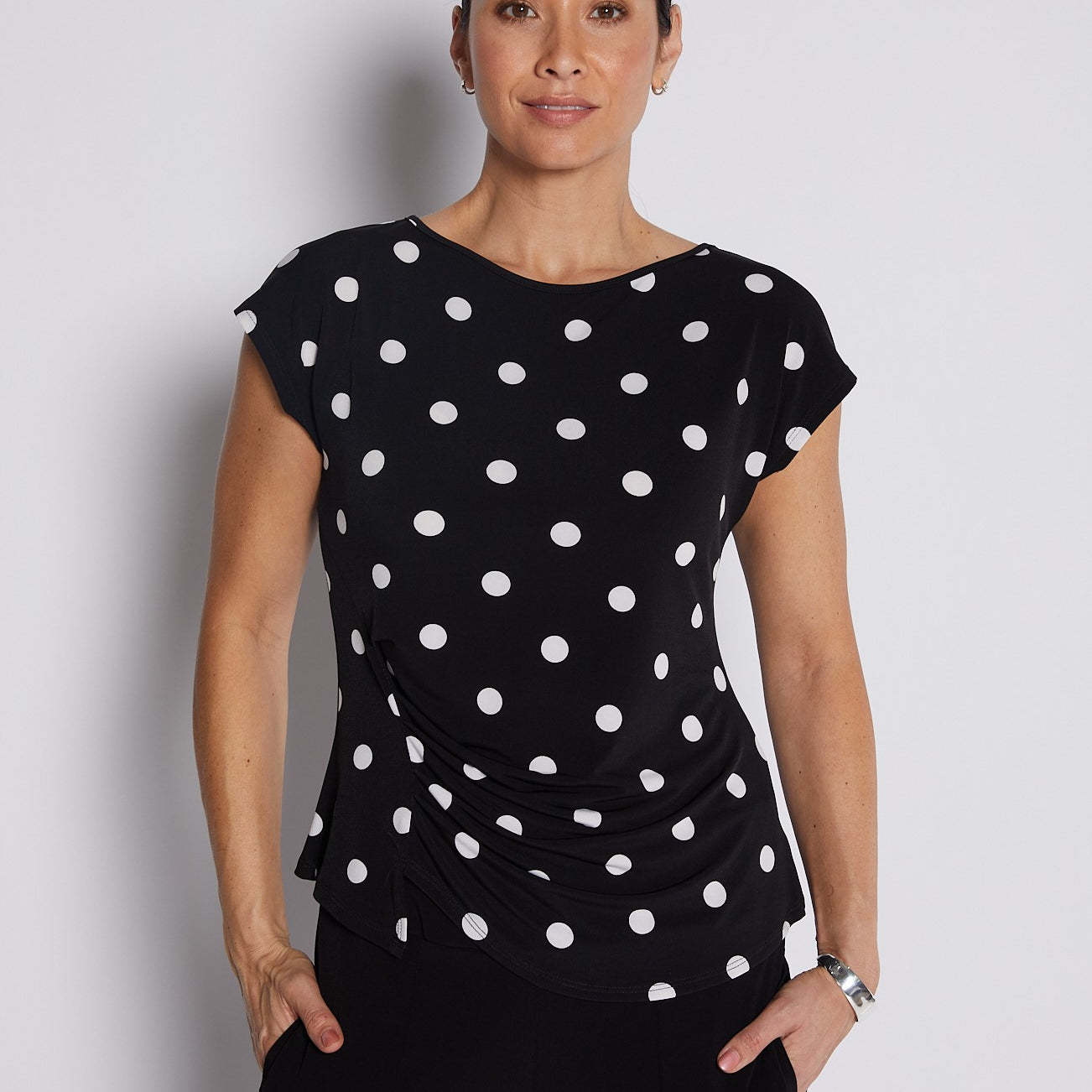 Jersey Tuck Detail Short Sleeve Top in Black and White Polkadots