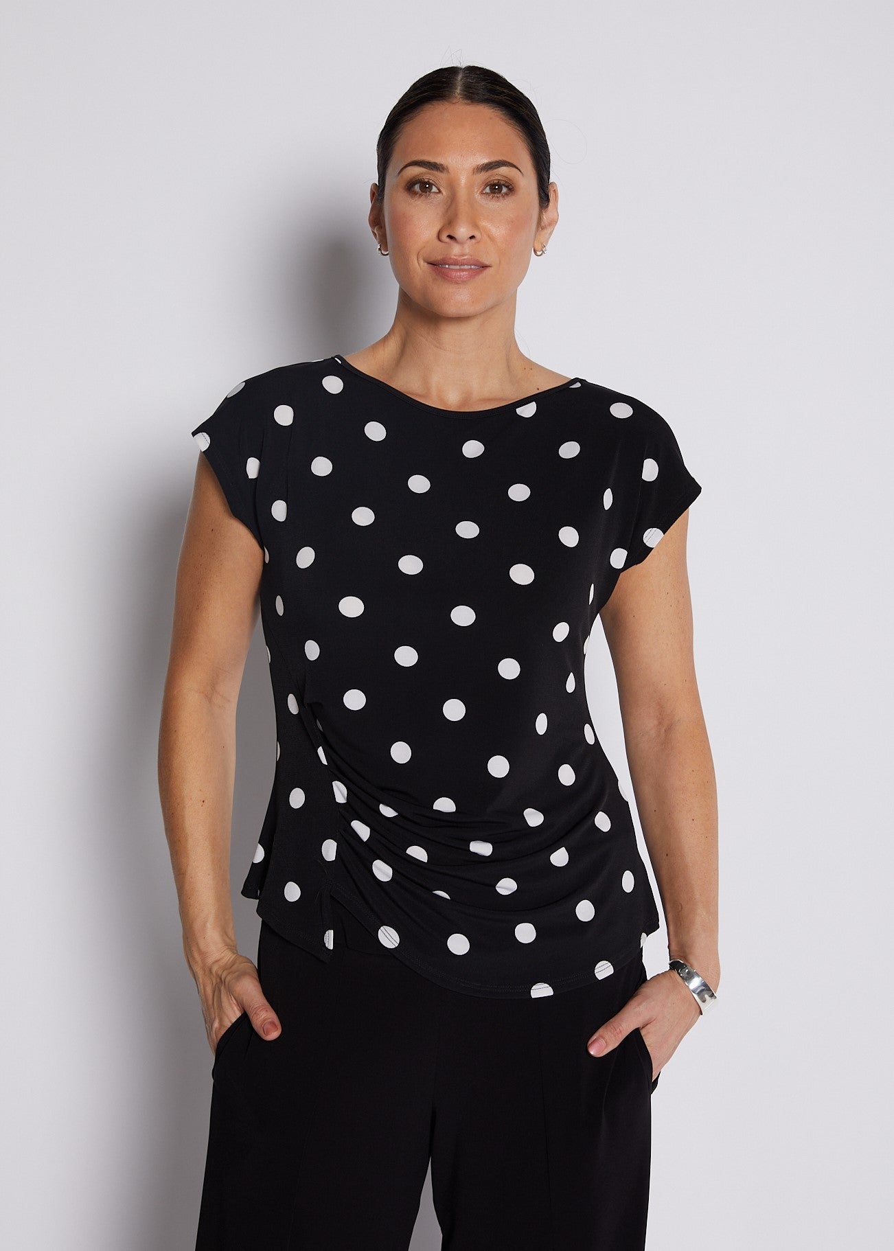 Jersey Tuck Detail Top in Black and White Polkadots