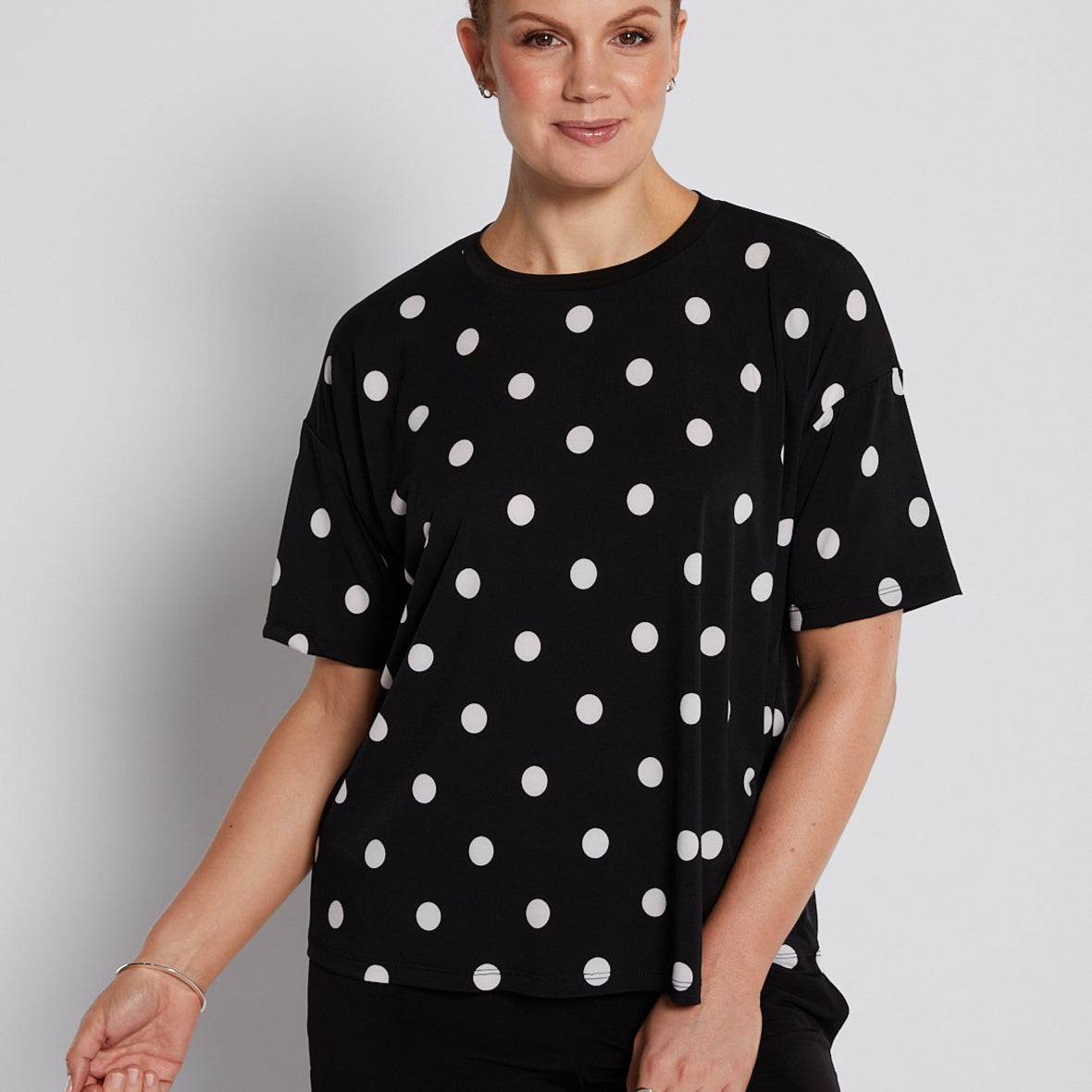 Jersey Tee Top in Black and White Polkadots