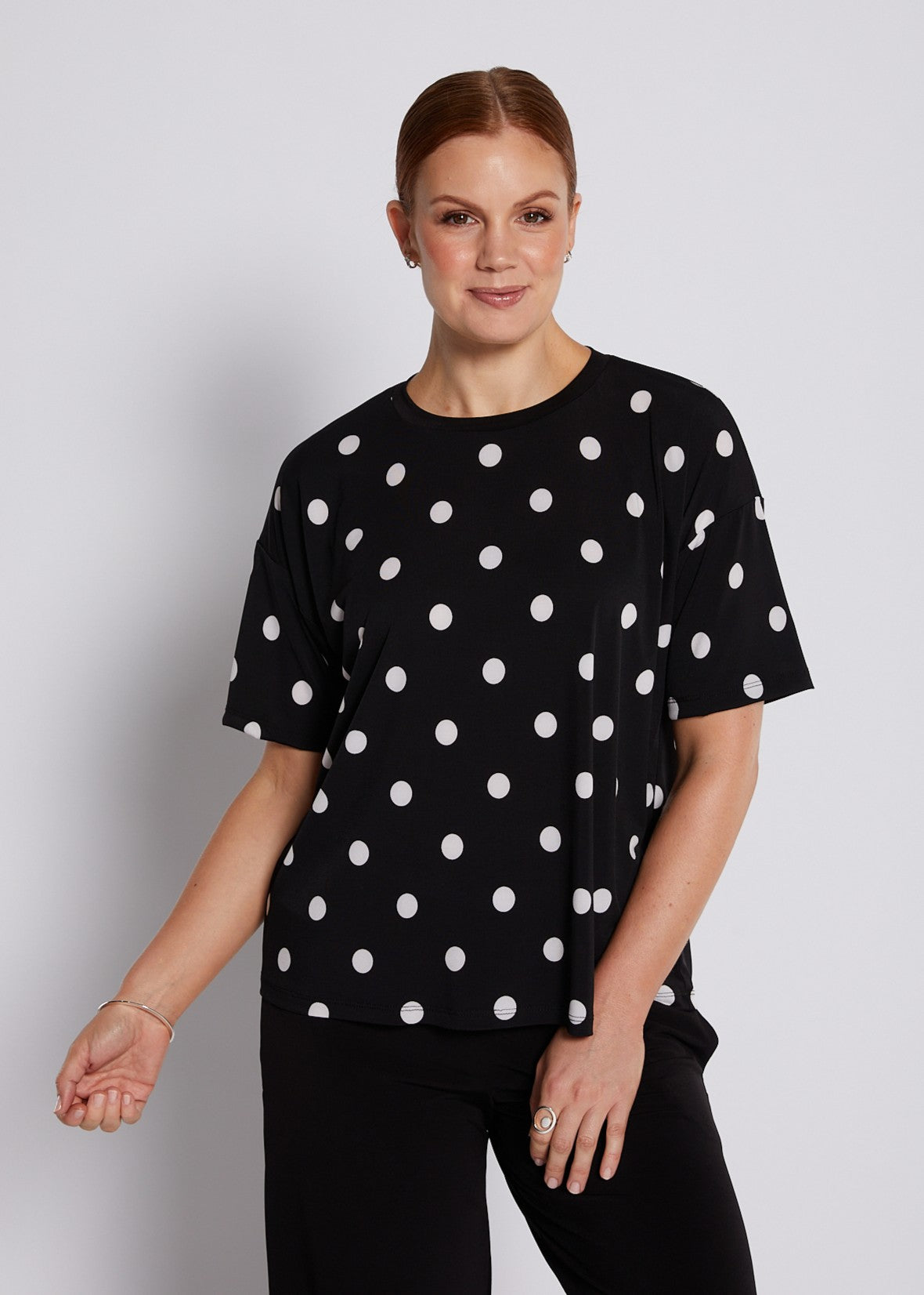 Jersey Tee Top in Black and White Polkadots