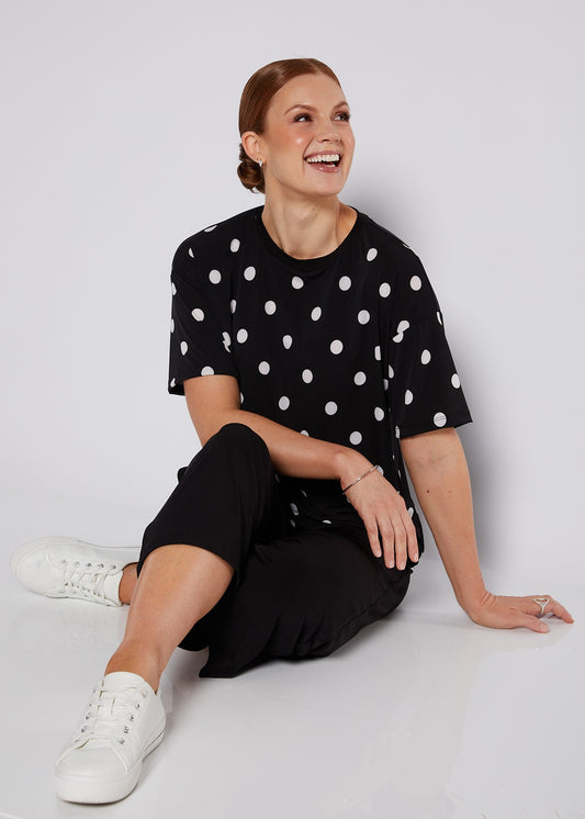 Jersey Tee Top in Black and White Polkadots