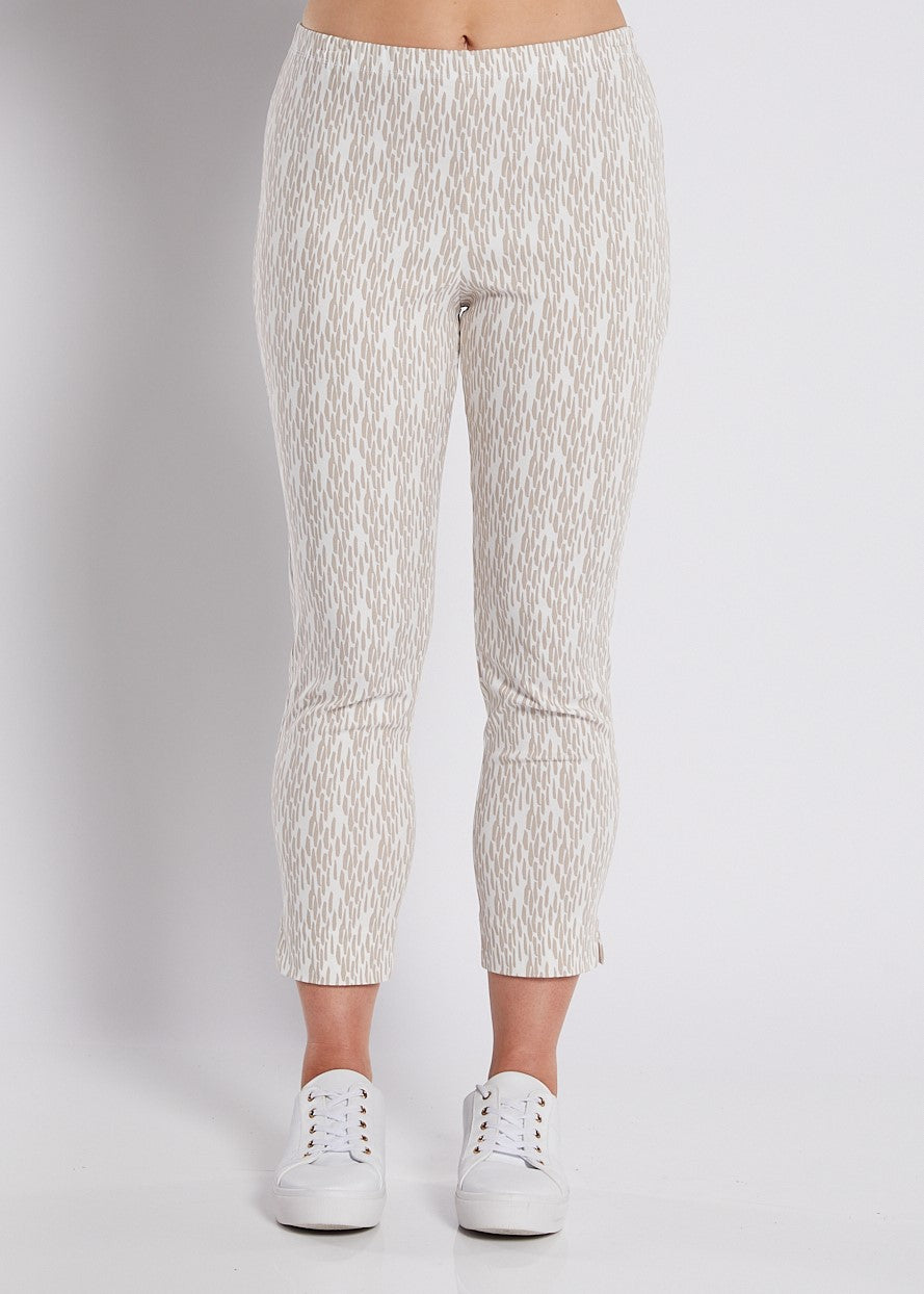 Bengaline Stretch 7/8 Fitted Pant in Neutral Beige and White Print
