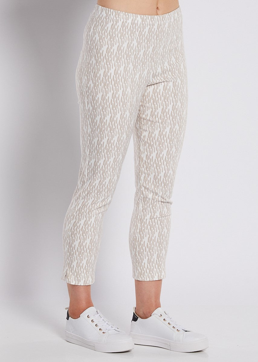 Bengaline Stretch 7/8 Fitted Pant in Neutral Beige and White Print