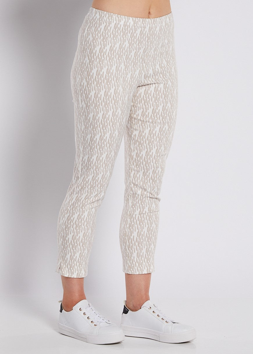 Bengaline Stretch 7/8 Fitted Pant in Neutral Beige and White Print