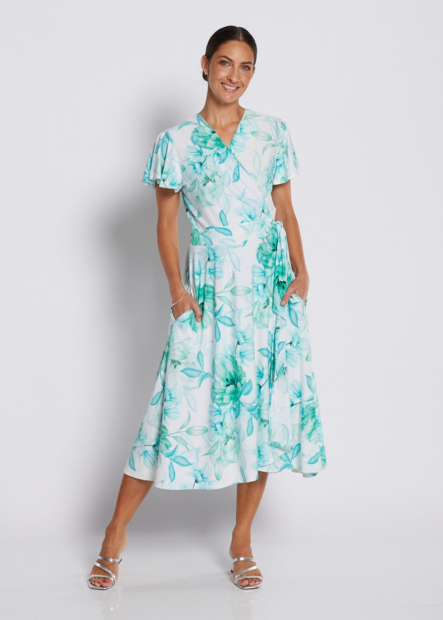 Jersey Wrap Dress with Pockets in Soft Green and White