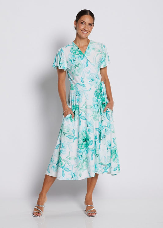 Jersey Wrap Dress with Pockets in Soft Green and White