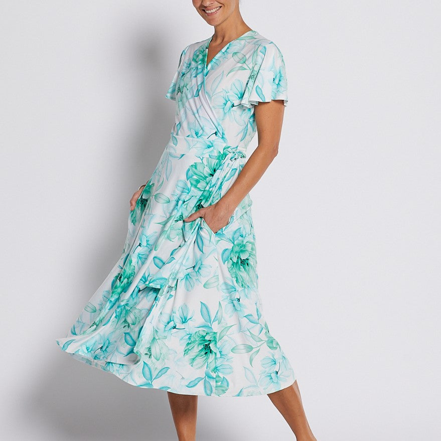 Jersey Wrap Dress with Pockets in Soft Green and White