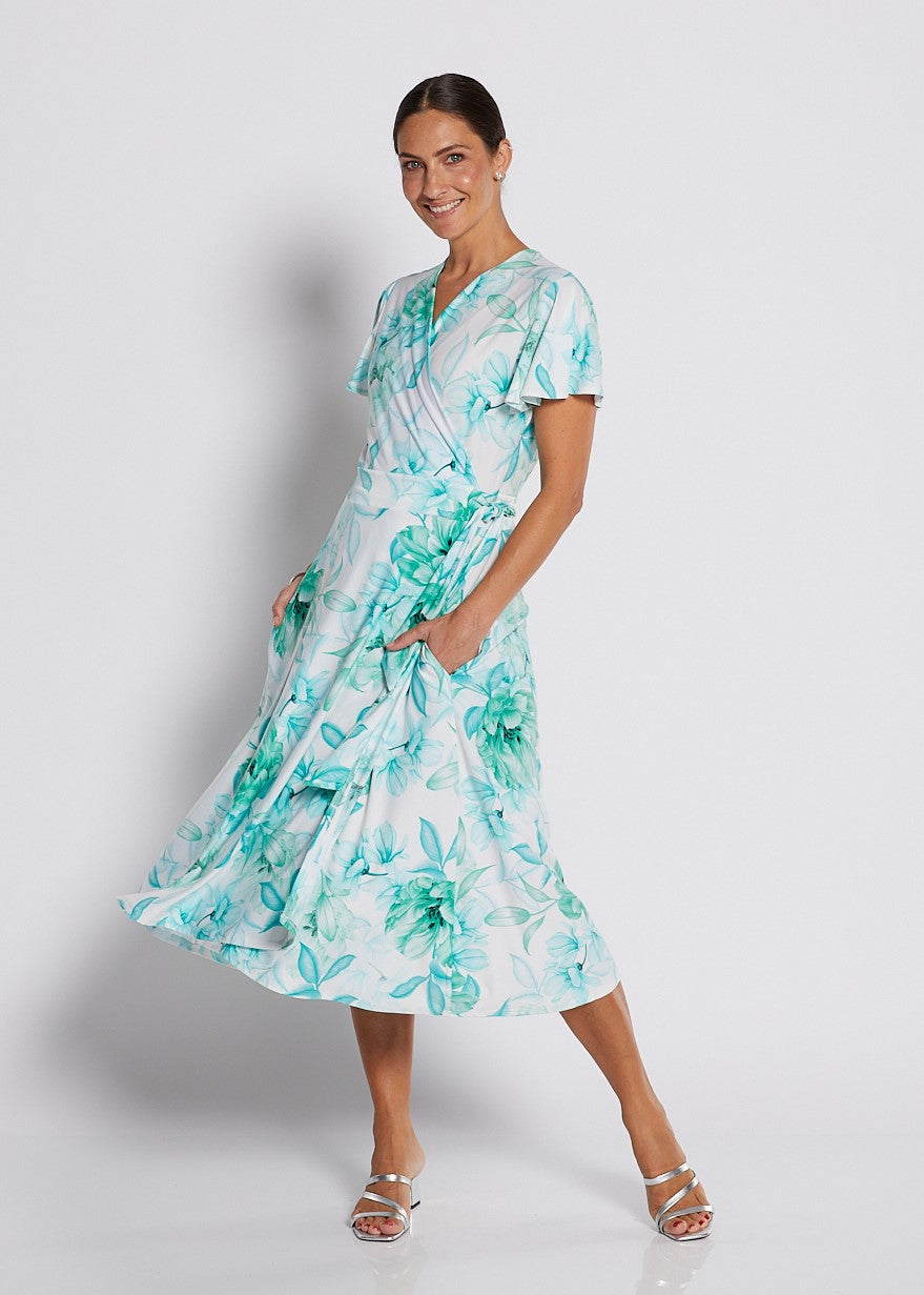Jersey Wrap Dress with Pockets in Soft Green and White