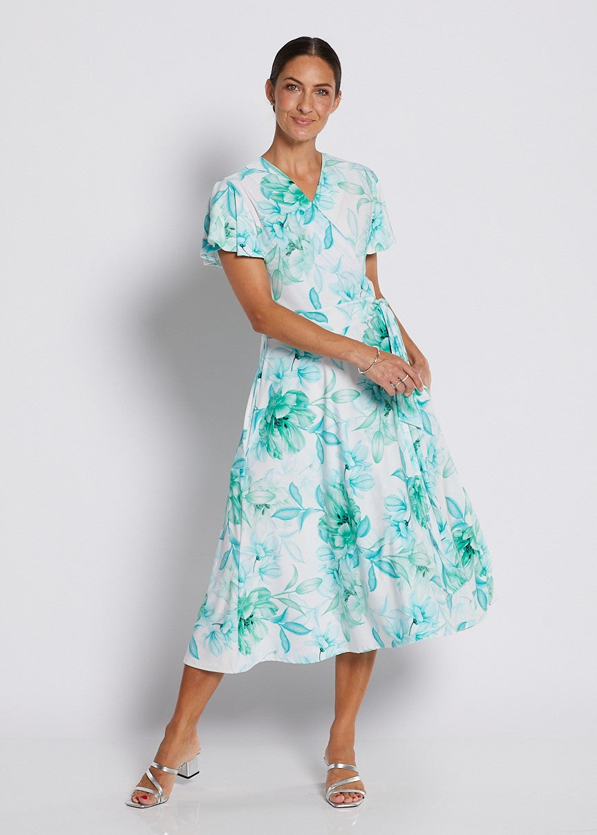 Jersey Wrap Dress with Pockets in Soft Green and White