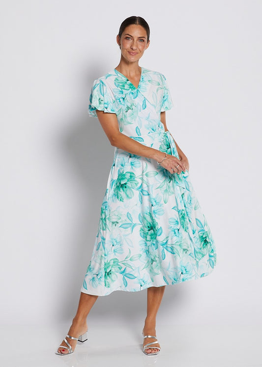 Jersey Wrap Dress with Pockets in Soft Green and White