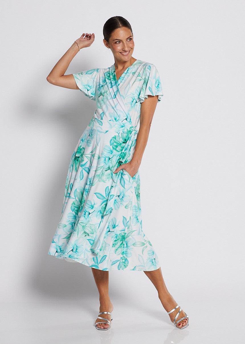 Jersey Wrap Dress with Pockets in Soft Green and White