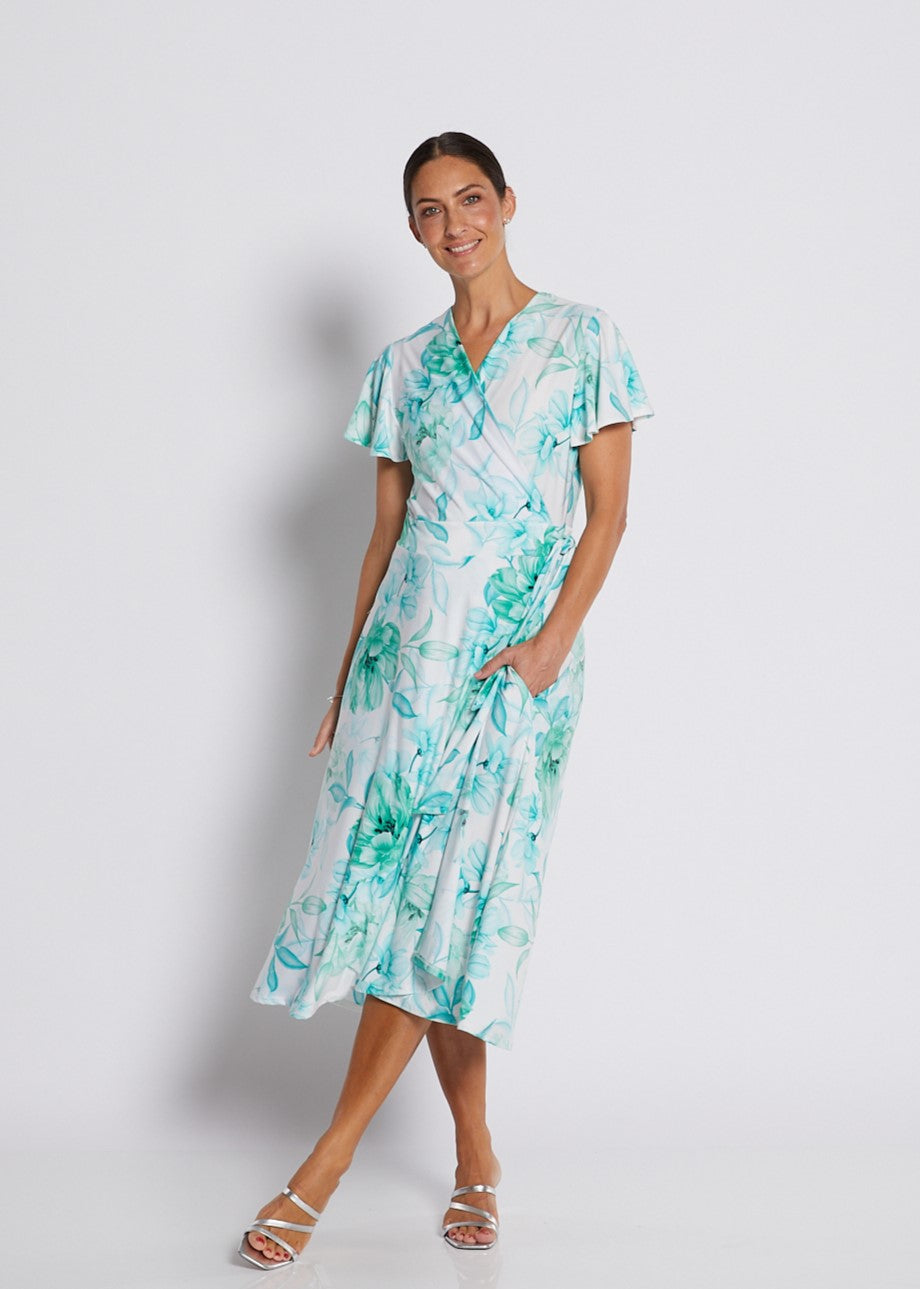 Jersey Wrap Dress with Pockets in Soft Green and White