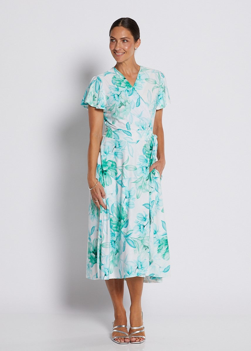 Jersey Wrap Dress with Pockets in Soft Green and White