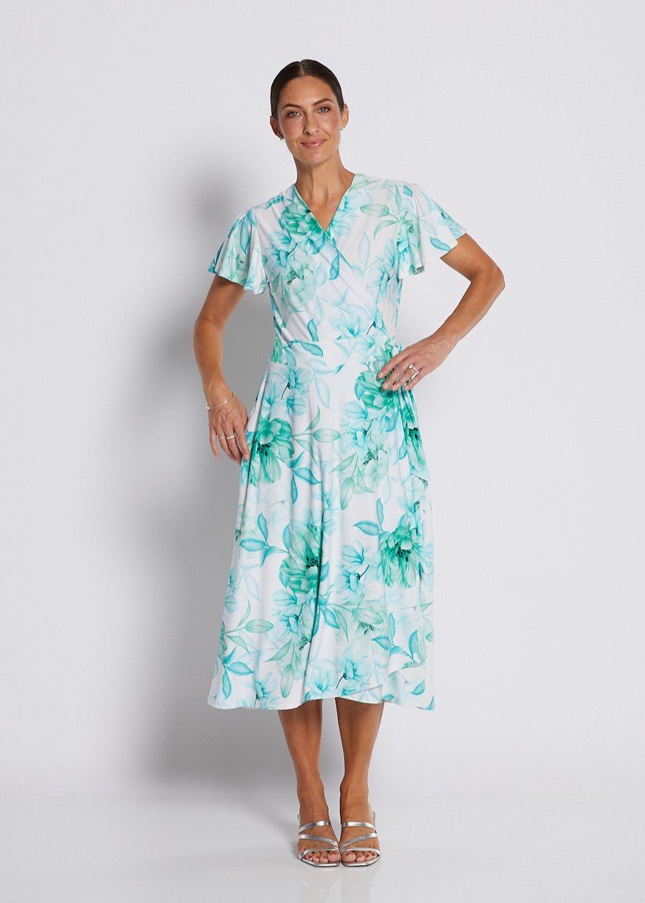 Jersey Wrap Dress with Pockets in Soft Green and White