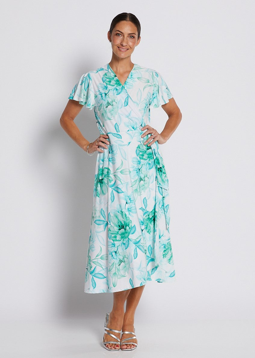 Jersey Wrap Dress with Pockets in Soft Green and White