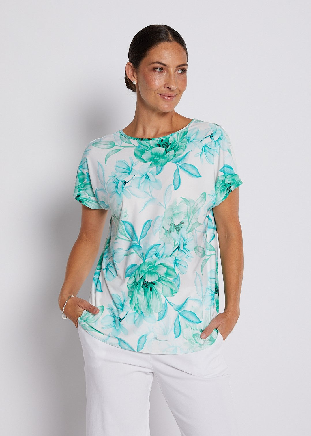 Jersey Reversible Tee Top in Soft Green and White print