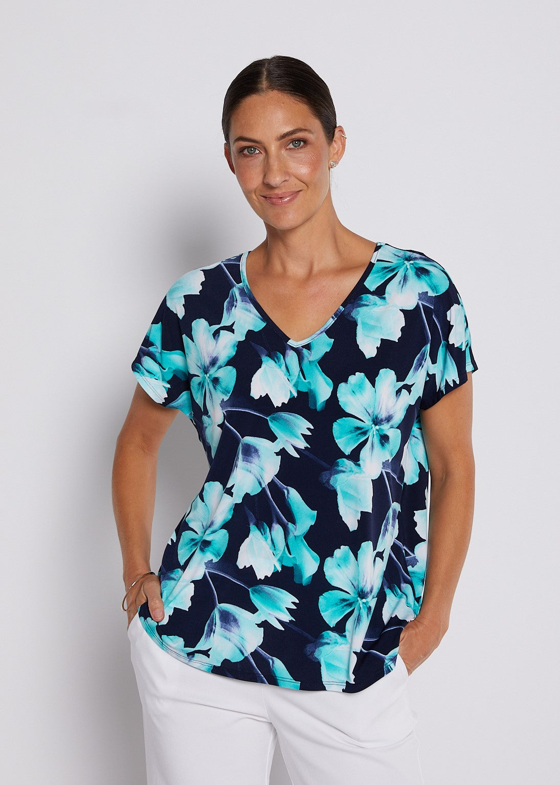 Jersey Reversible Tee top in Aqua and Navy print