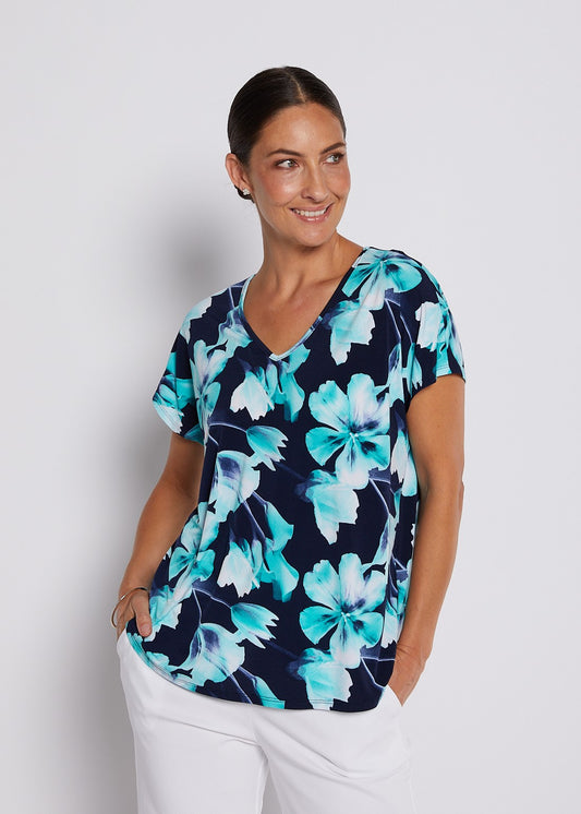 Jersey Reversible Tee top in Aqua and Navy print