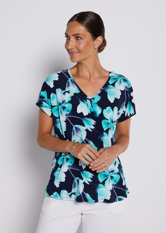 Jersey Reversible Tee top in Aqua and Navy print