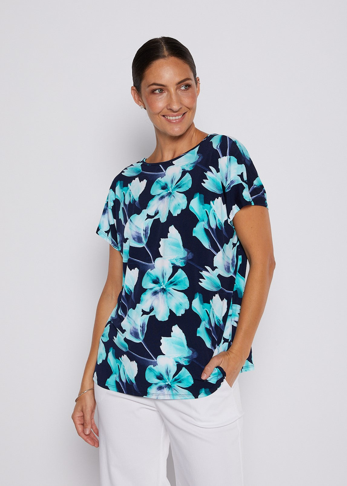 Jersey Reversible Tee top in Aqua and Navy print