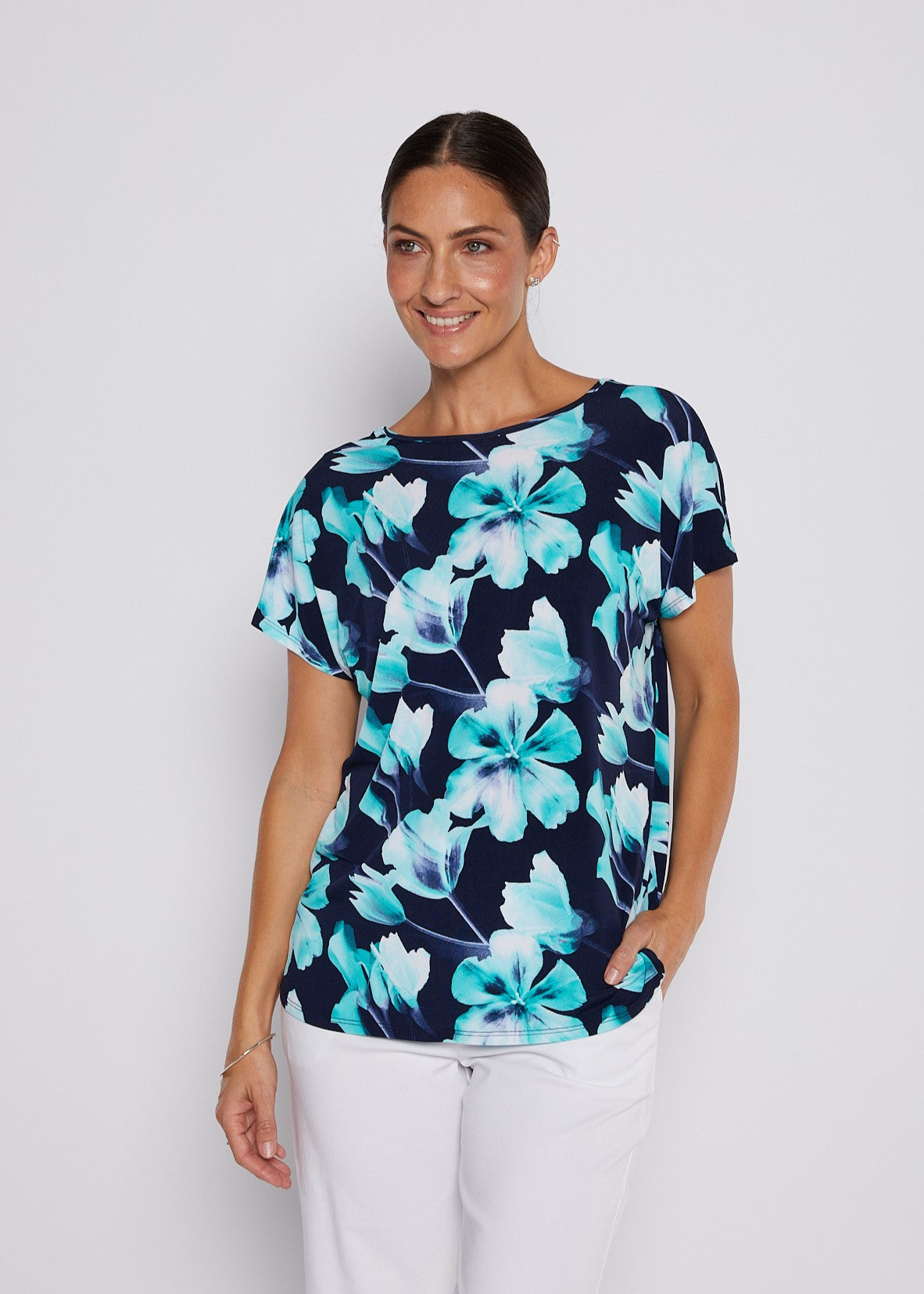 Jersey Reversible Tee top in Aqua and Navy print
