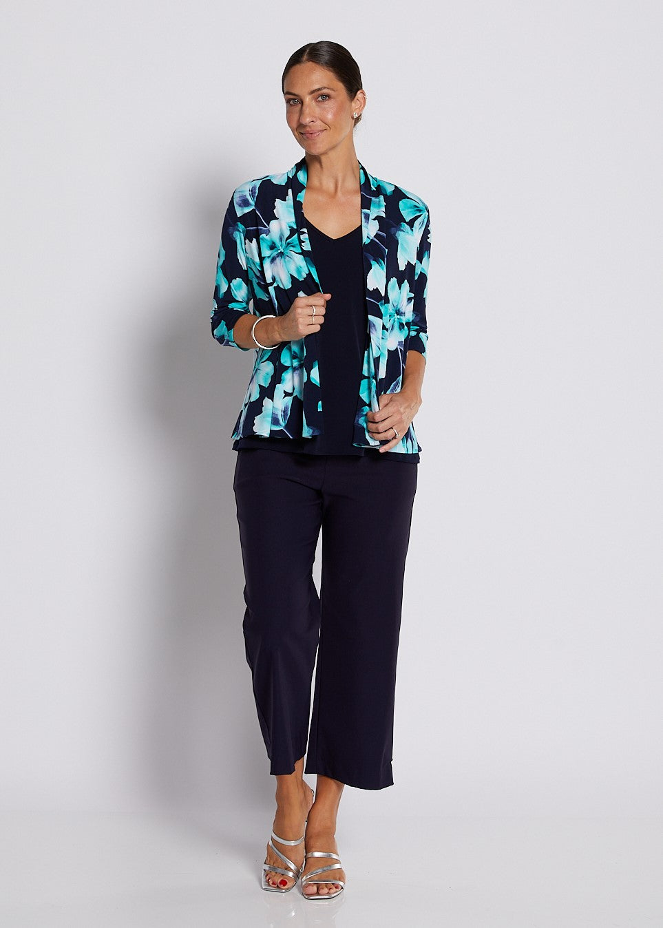 Jersey 3/4 Sleeve Swing Jacket in Aqua and Navy print