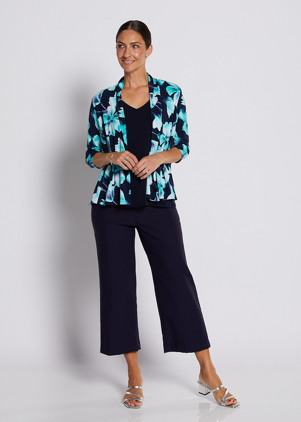 Jersey 3/4 Sleeve Swing Jacket in Aqua and Navy print