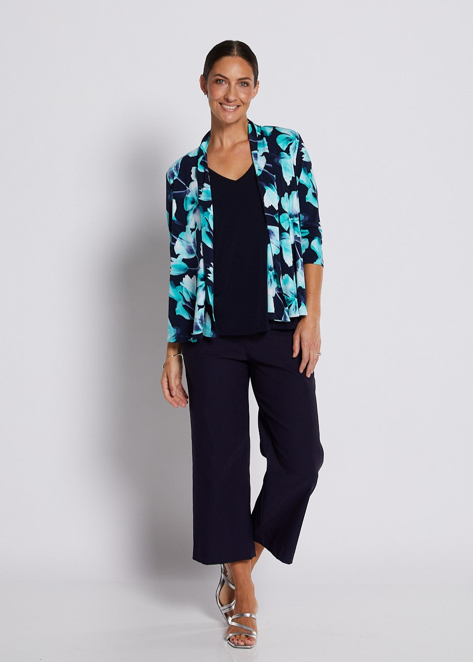 Jersey 3/4 Sleeve Swing Jacket in Aqua and Navy print