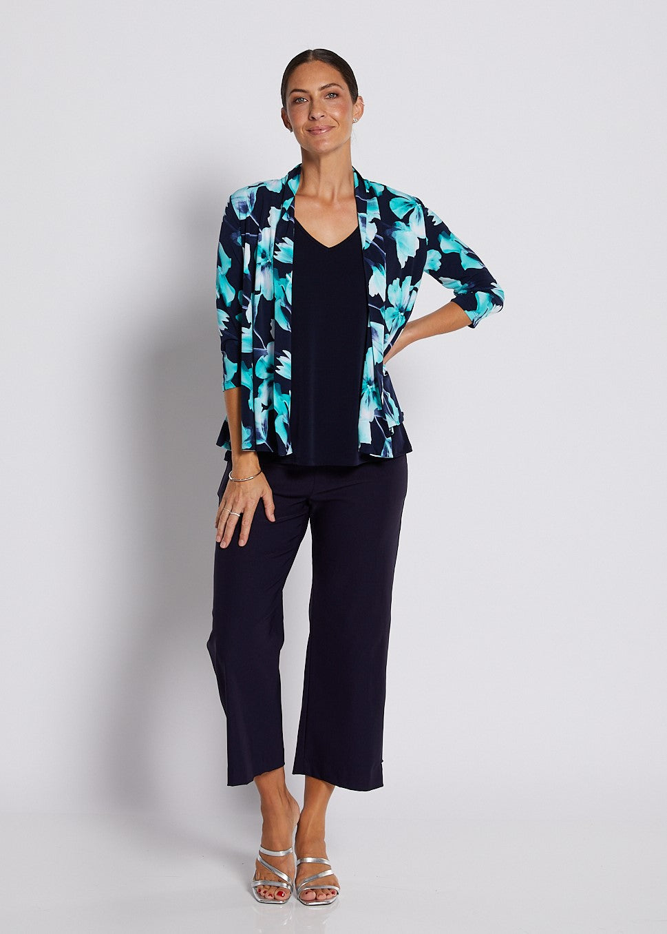 Jersey 3/4 Sleeve Swing Jacket in Aqua and Navy print