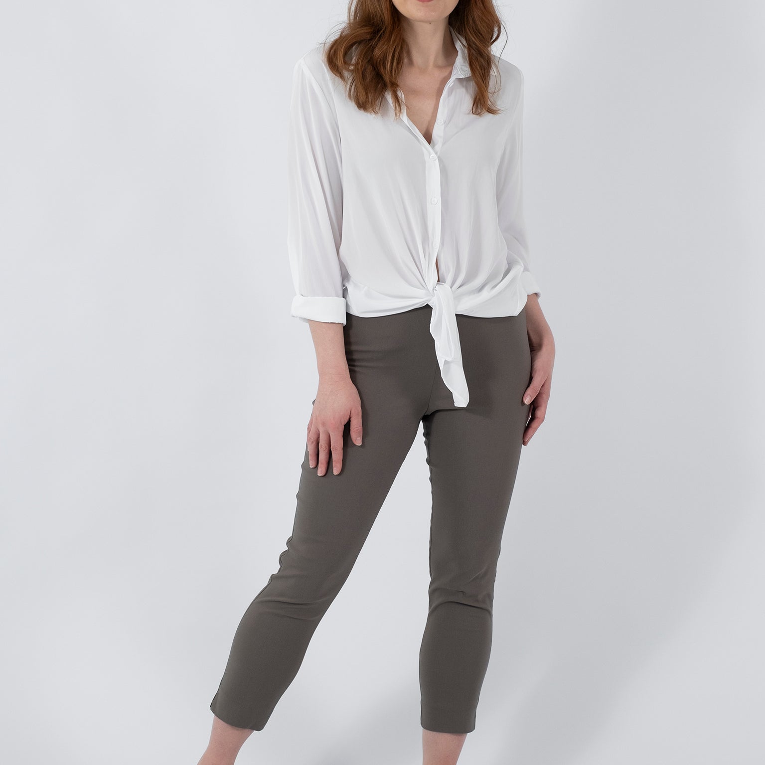 Everyday Miracle Bengaline Women's 7/8th length slim-cut pants in bark neutral.