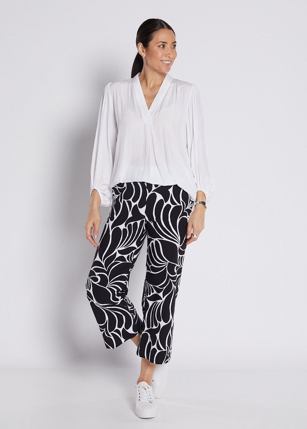 Bengaline Stretch Culotte with Pockets in Black and White Print