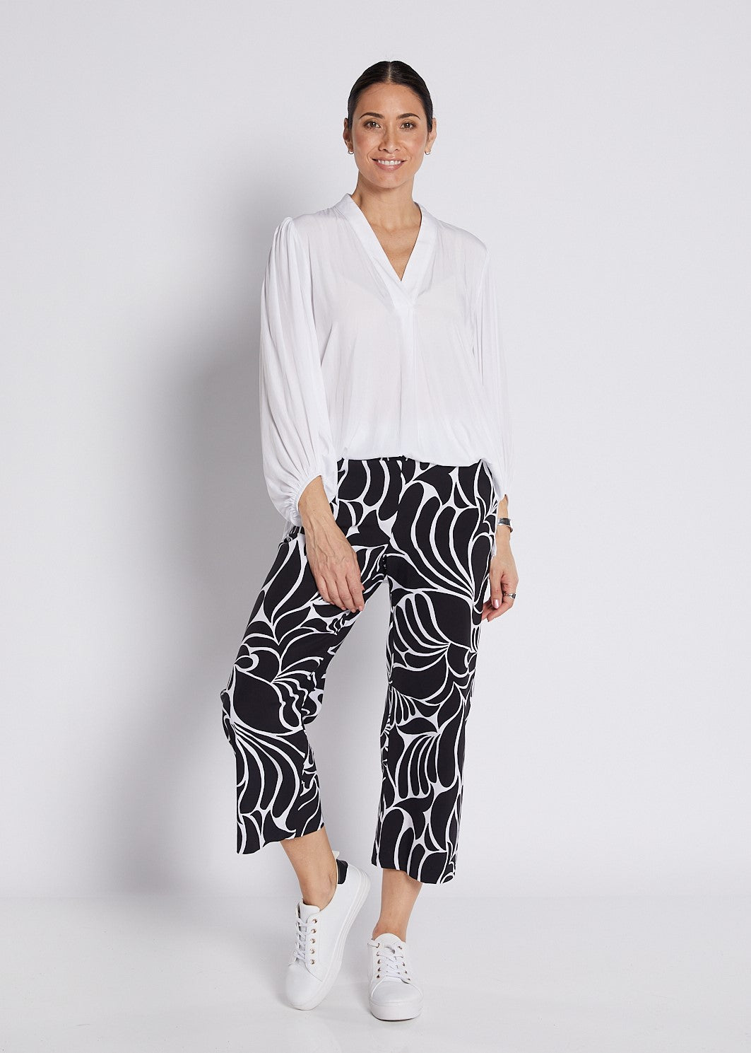 Bengaline Stretch Culotte with Pockets in Black and White Print