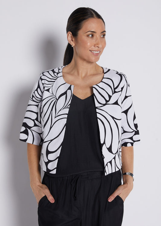 Bengaline Printed Panelled Crop Jacket in Black and White Print