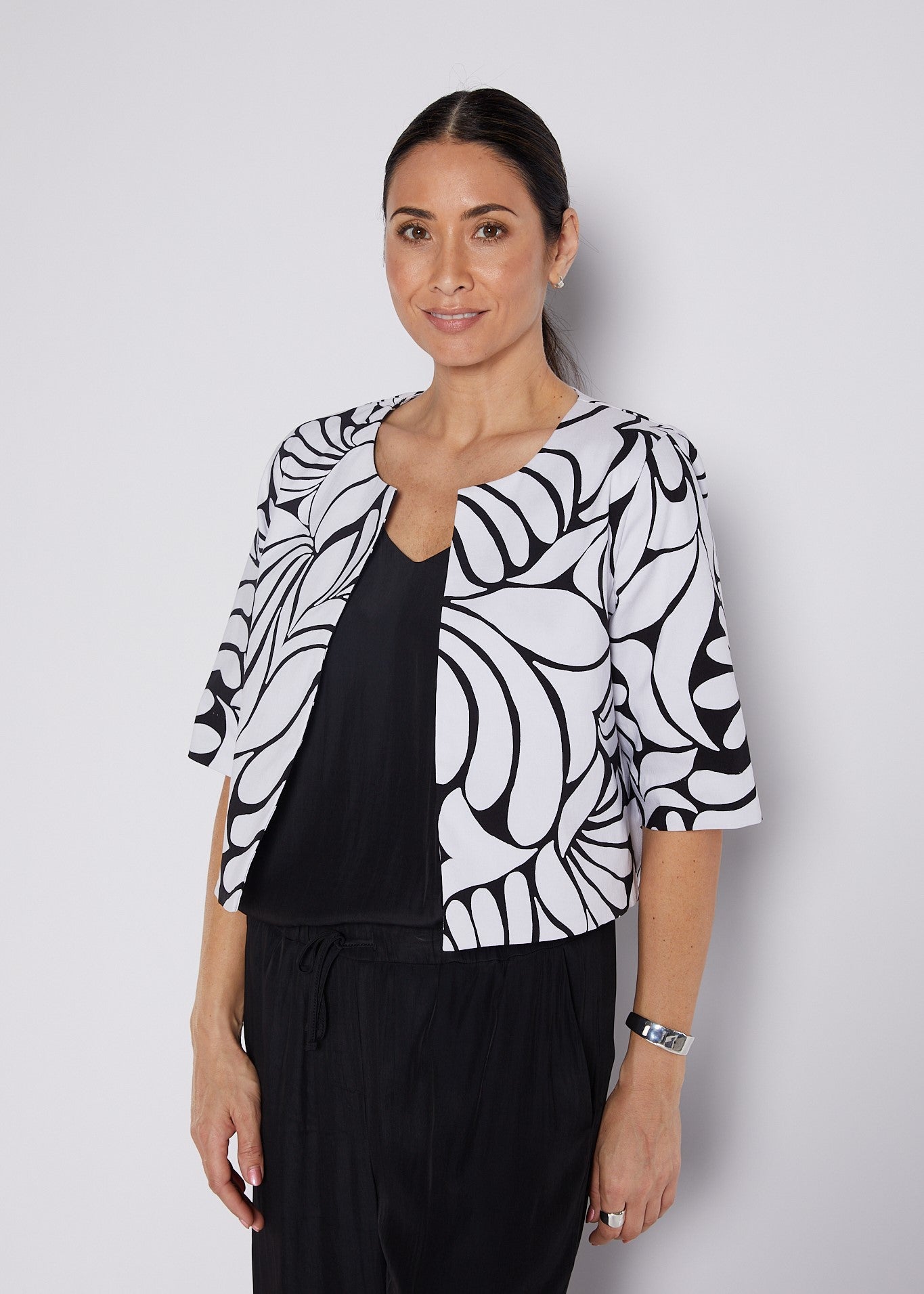 Bengaline Printed Panelled Crop Jacket in Black and White Print