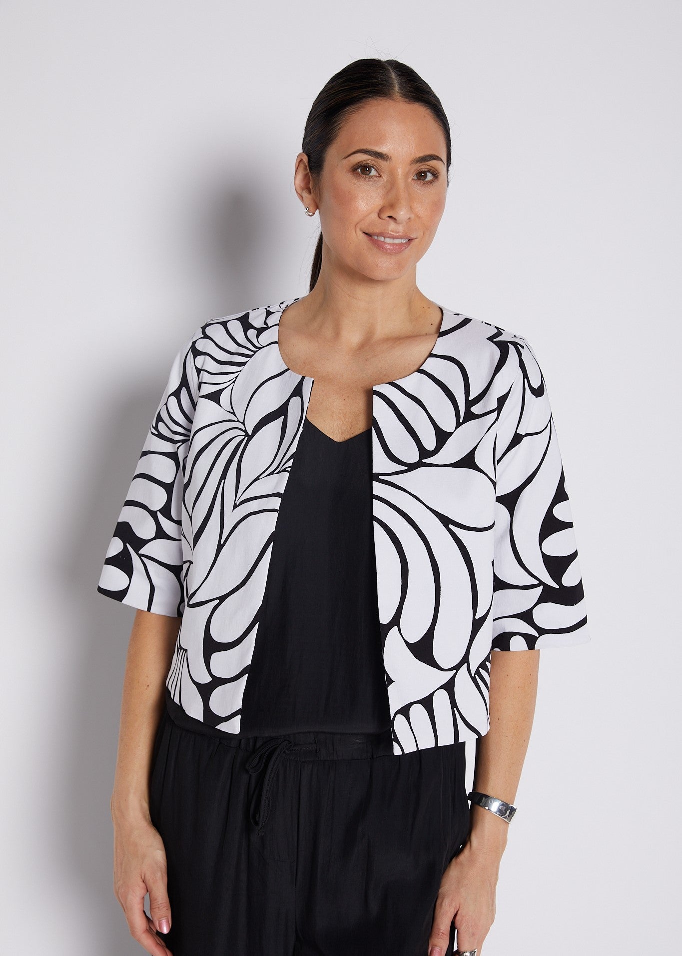 Bengaline Printed Panelled Crop Jacket in Black and White Print