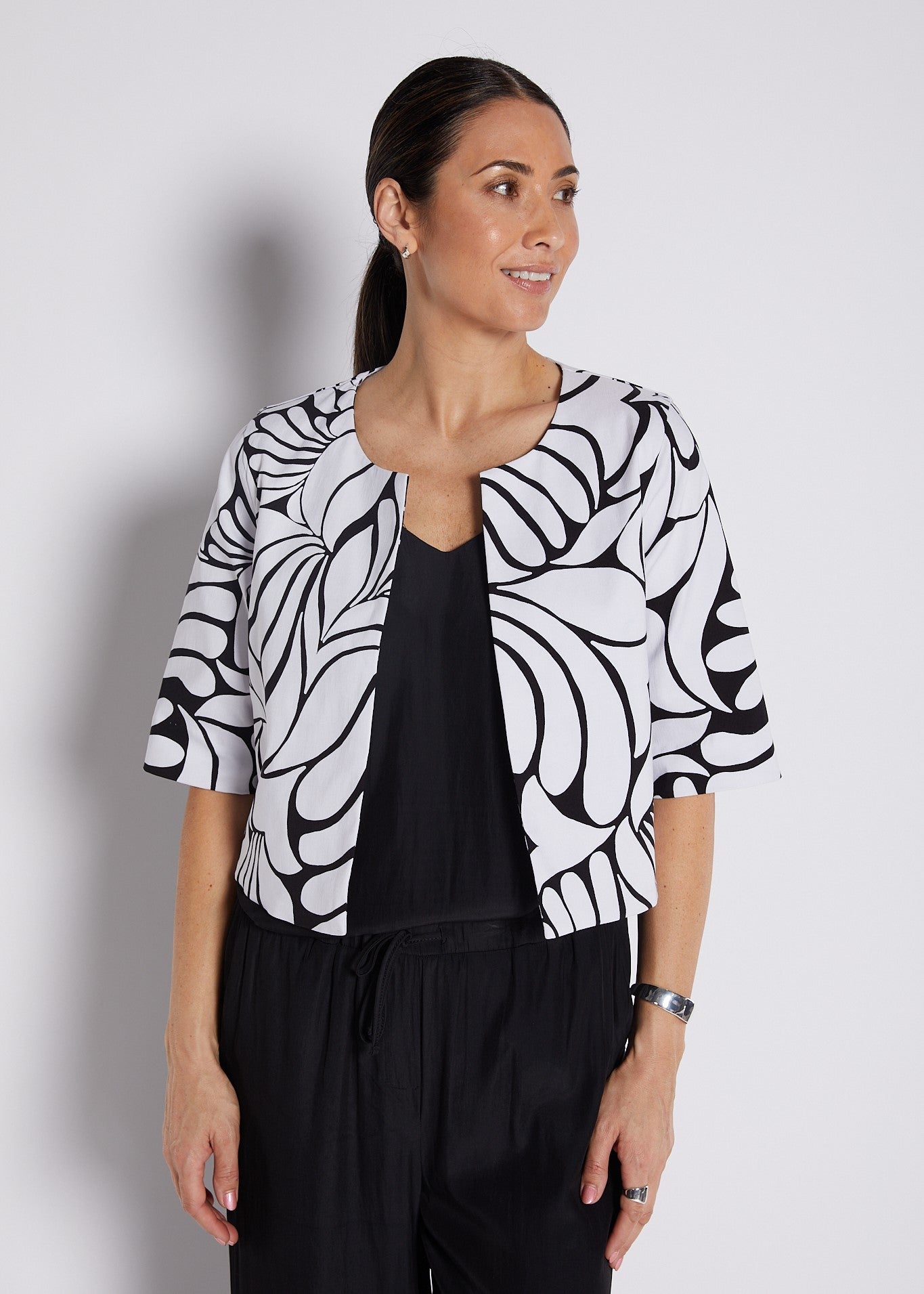 Bengaline Printed Panelled Crop Jacket in Black and White Print
