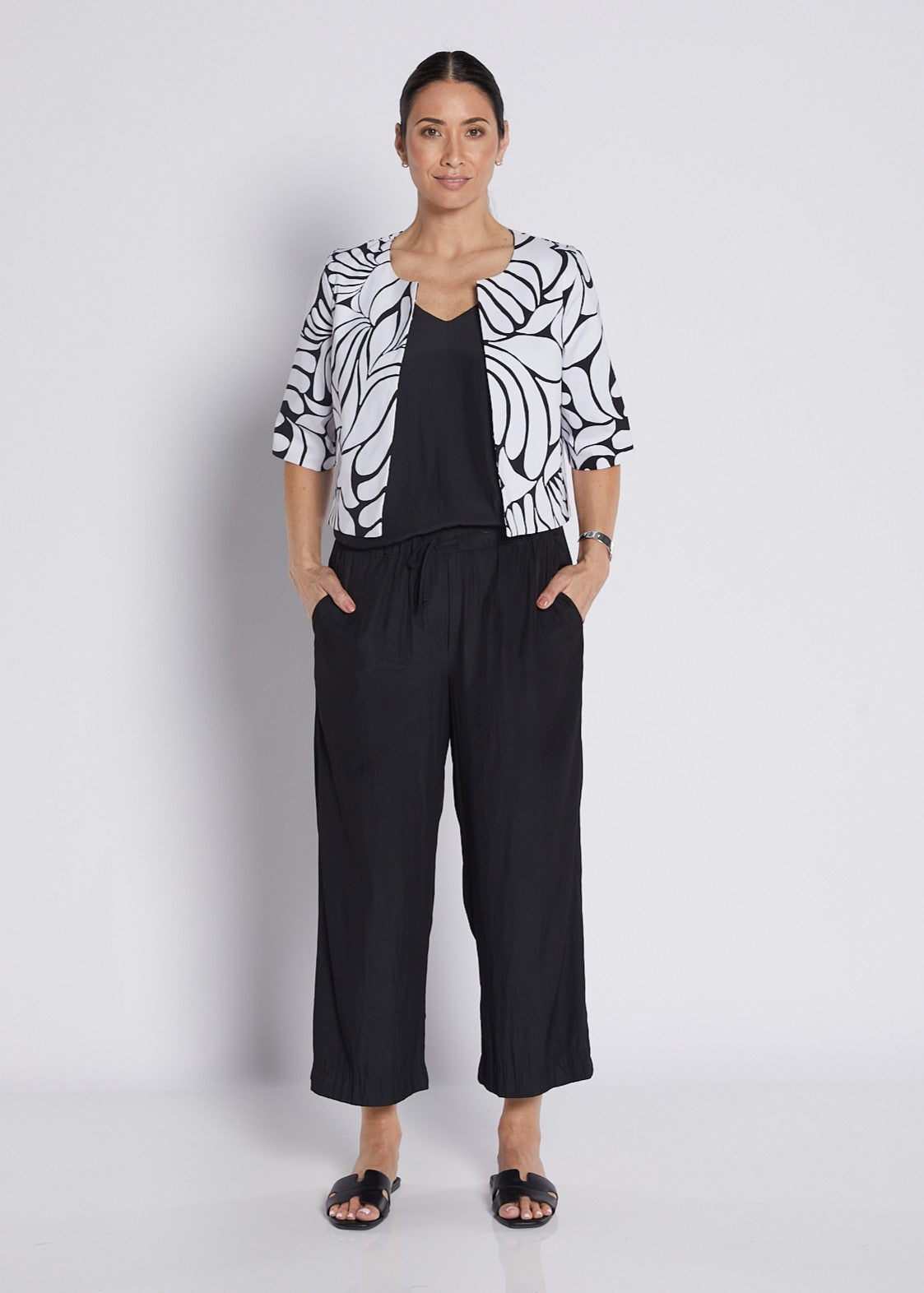 Bengaline Printed Panelled Crop Jacket in Black and White Print